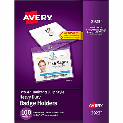 Avery(R) Heavy Duty Badge Holders, 3" x 4" , 100 Horizontal ID Badge Holders with Clips (AVE2923)