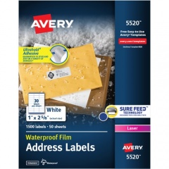 Avery 1" x 2-5/8" Labels, Ultrahold, 1,500 Labels (5520)