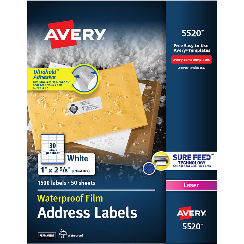 Avery 1" x 2-5/8" Labels, Ultrahold, 1,500 Labels (AVE5520)