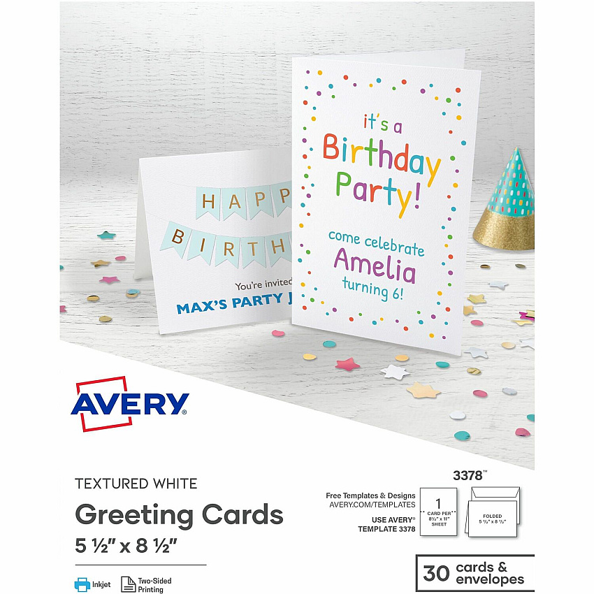 Avery Half-Fold Greeting Cards, Textured, Uncoated, 5-1/2" x 8-1/2" , 30 Cards (3378) (03378)