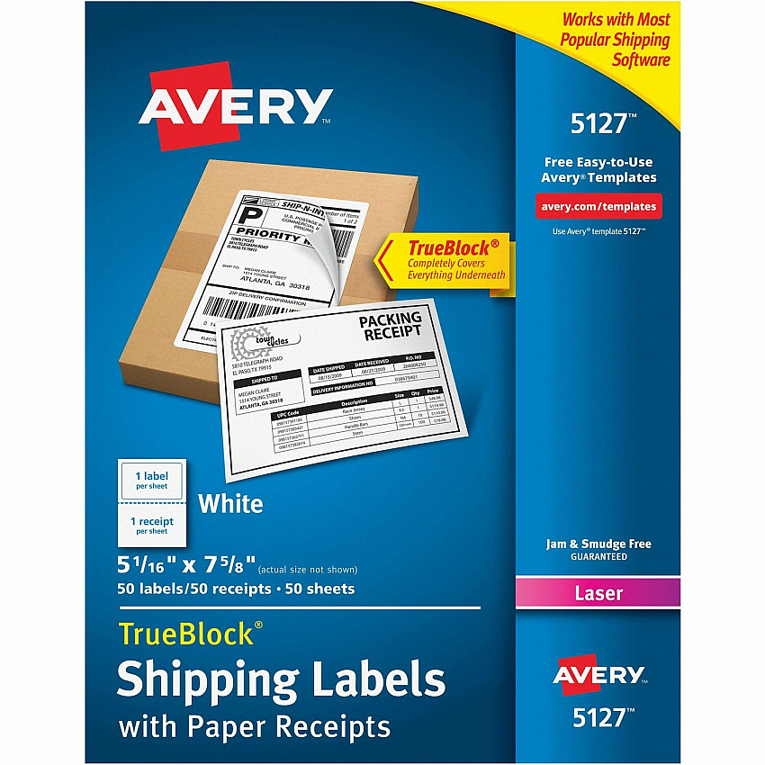 Avery Shipping Labels with Receipt, 5-1/16" x 7-5/8" , 50 Labels (AVE5127)
