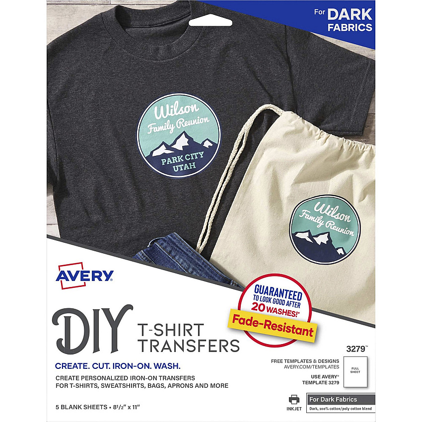 Avery Heat Transfers for Dark Fabric, 8.5" x 11" , 5 Sheets (AVE3279)