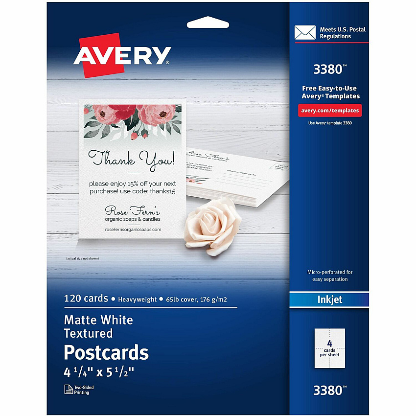 Avery(R) Printable Postcards, 4.25" x 5.5" , Textured White, 120 Blank Postcards for Inkjet and laser Printers (3380) (AVE03380)