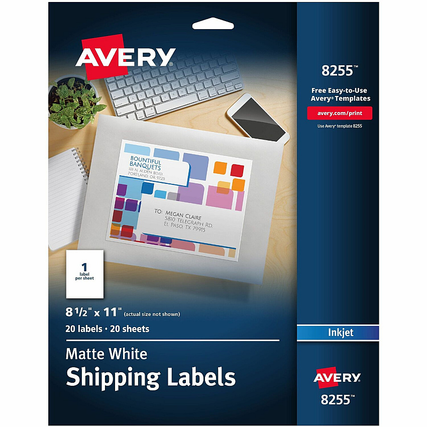 Avery White Shipping Labels, 8-1/2" x 11" , 20 Labels (AVE8255)