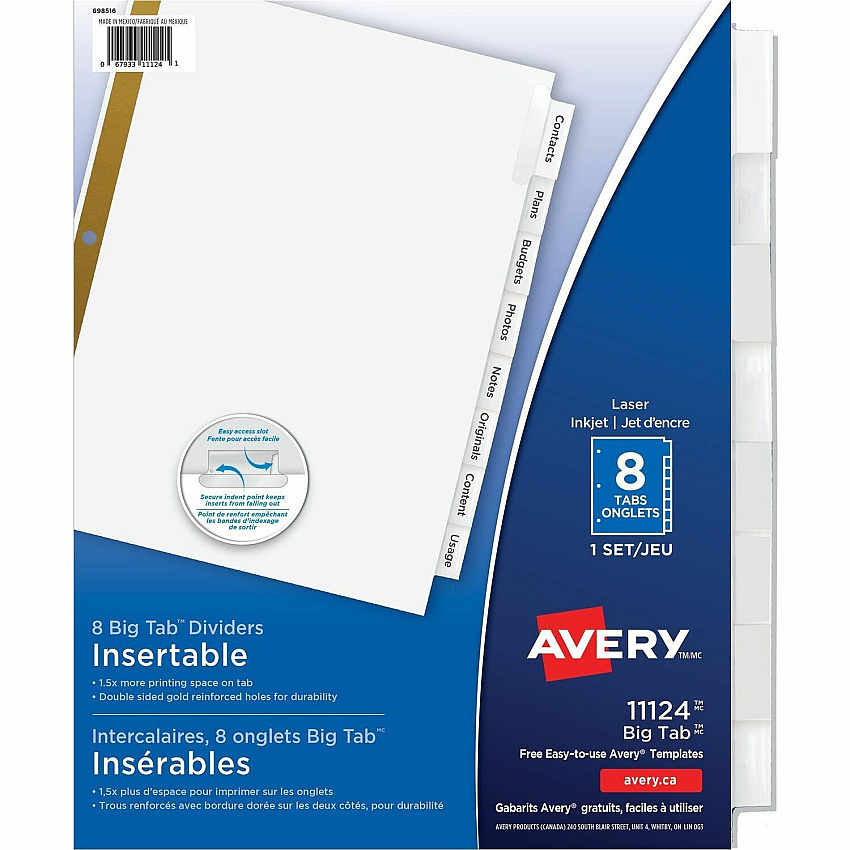Avery Big Tab Insertable Dividers, 8 tabs, 1 set (AVE11124)