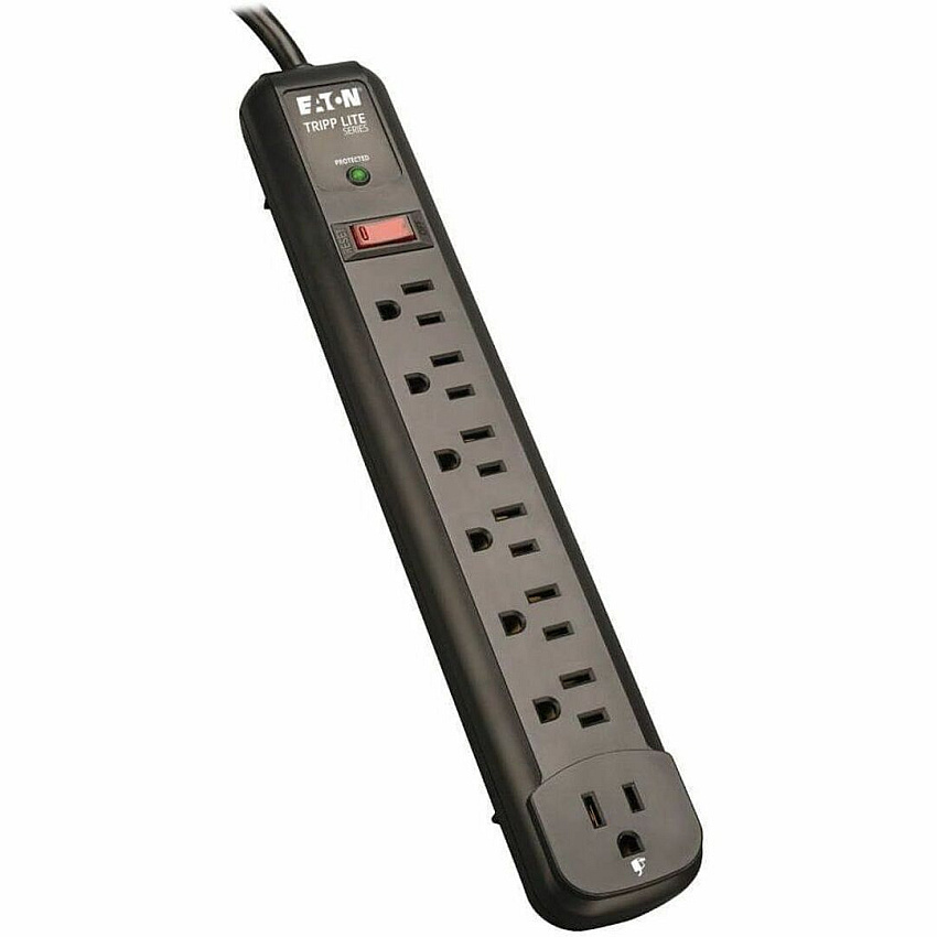Eaton Tripp Lite Series Protect It! 7-Outlet Surge Protector, 6 Right-Angle Outlets, 4 ft. (1.22 m) Cord, 1080 Joules, Diagnostic LED, Black Housing (TLP74RB)