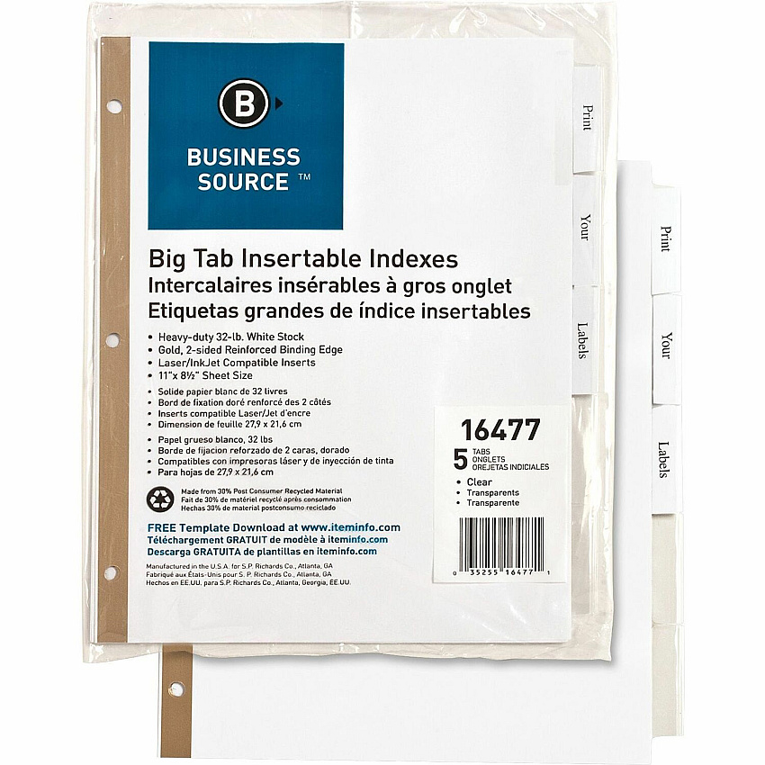 Business Source Tear-resistant Clear Tab Index Dividers (BSN16477)