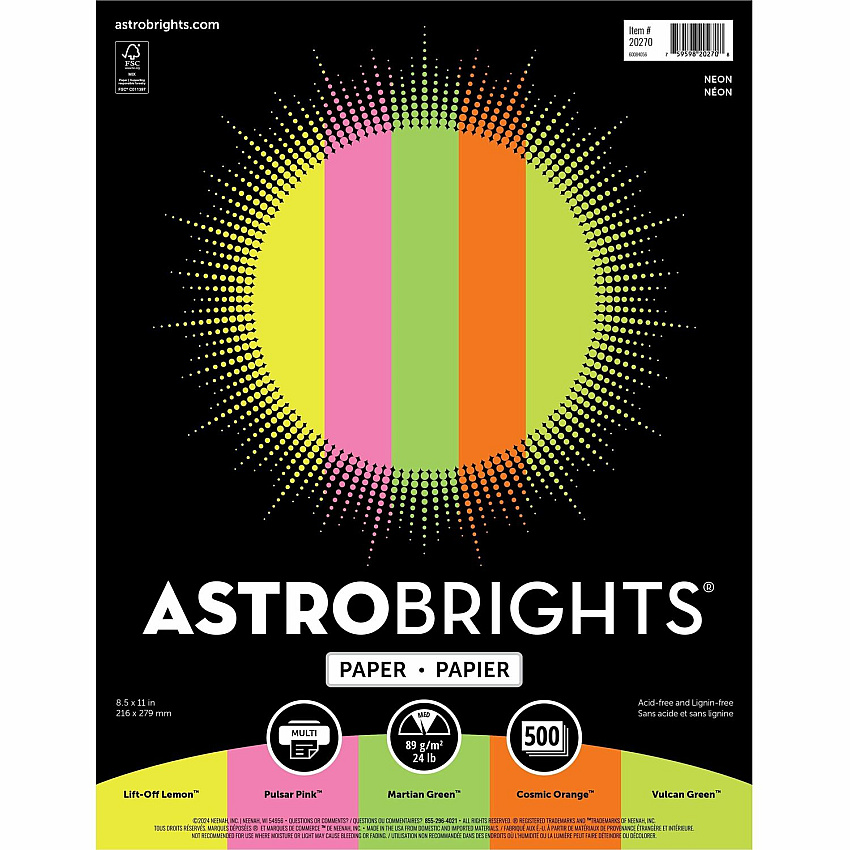 Astrobrights Color Copy Paper - "Neon" ,  5 Assorted Colours (WAU20270)