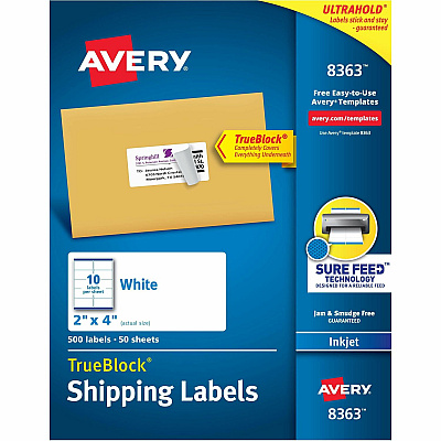 Avery Shipping Labels, Sure Feed, 2" x 4" , 500 Labels (AVE8363)