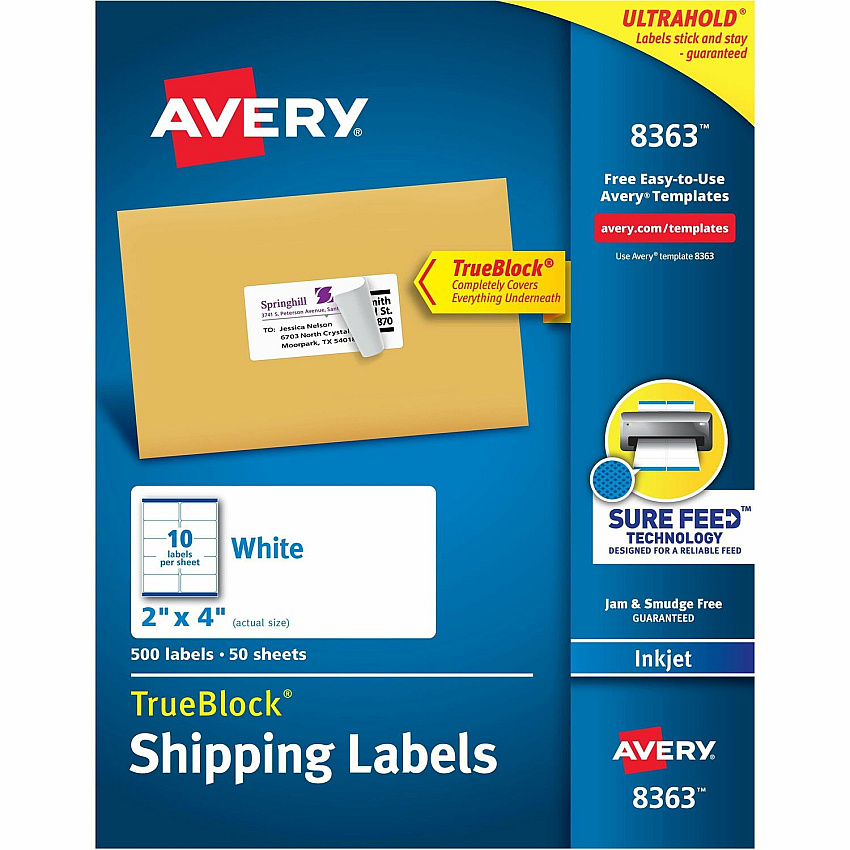 Avery Shipping Labels, Sure Feed, 2" x 4" , 500 Labels (AVE8363)