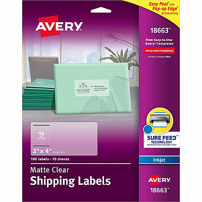 Avery Shipping Labels, Sure Feed, 2" x 4" , 100 Clear Labels (AVE18663)