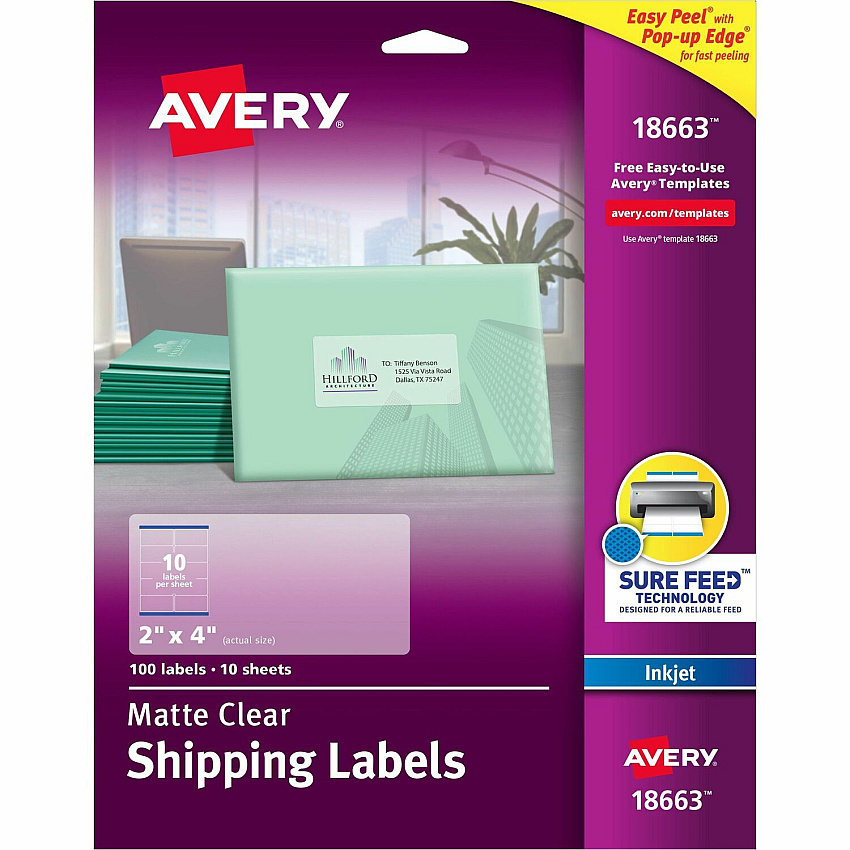 Avery Shipping Labels, Sure Feed, 2" x 4" , 100 Clear Labels (AVE18663)