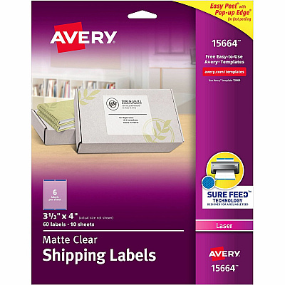Avery Clear Shipping Labels, Sure Feed, 3-1/3" x 4" 300 Labels (AVE15664)