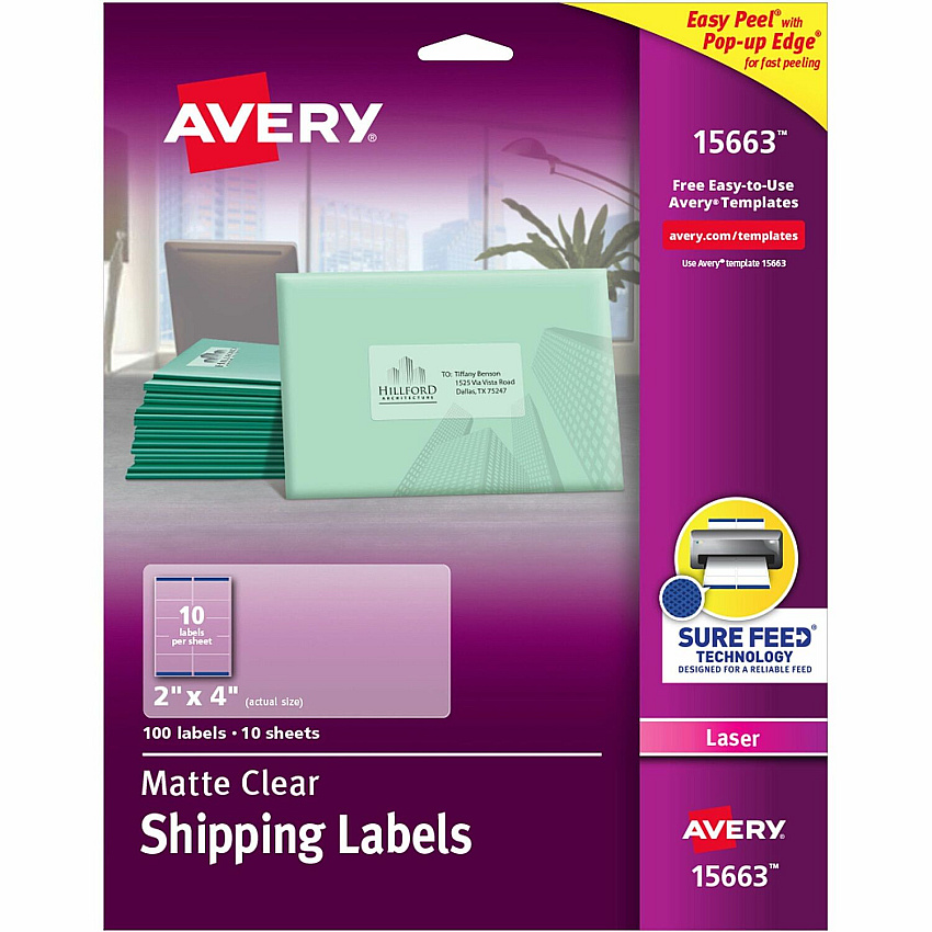 Avery Clear Shipping Labels, Sure Feed, 2" x 4" , 100 Labels (AVE15663)