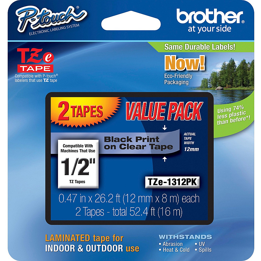 Brother 1/2" Black/Clear Laminated TZe Tape Value Pack (TZE1312PK)