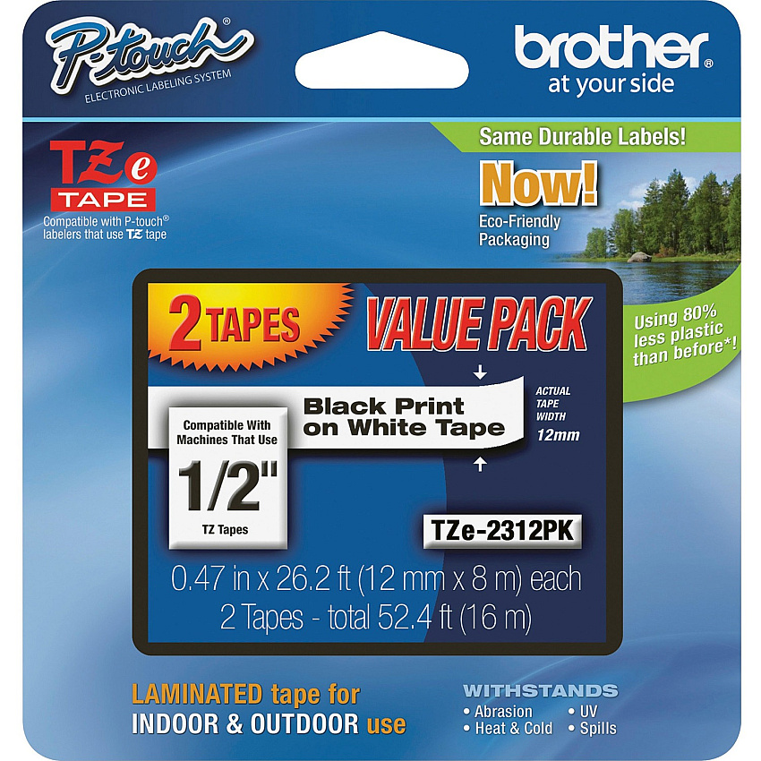 Brother 1/2" Black/White TZe Laminated Tape Value Pack (BRTTZE2312PK)