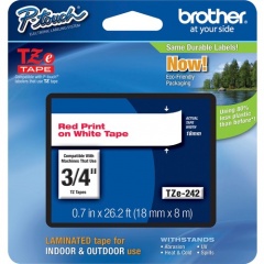 Brother 18mm (0.7") Red on White tape for P-Touch 8m (26.2 ft) (TZE242)