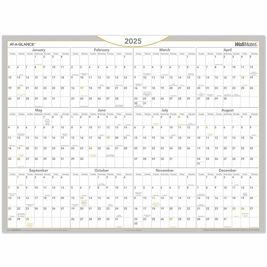 AT-A-GLANCE WallMates Self-Adhesive Dry Erase Yearly Planning Surfaces, 24 x 18, White/Gray/Orange Sheets, 12-Month (Jan to Dec): 2026 (AW506028)