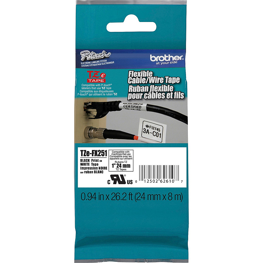 Brother 1" Black on White Flexible ID Tape (TZEFX251)