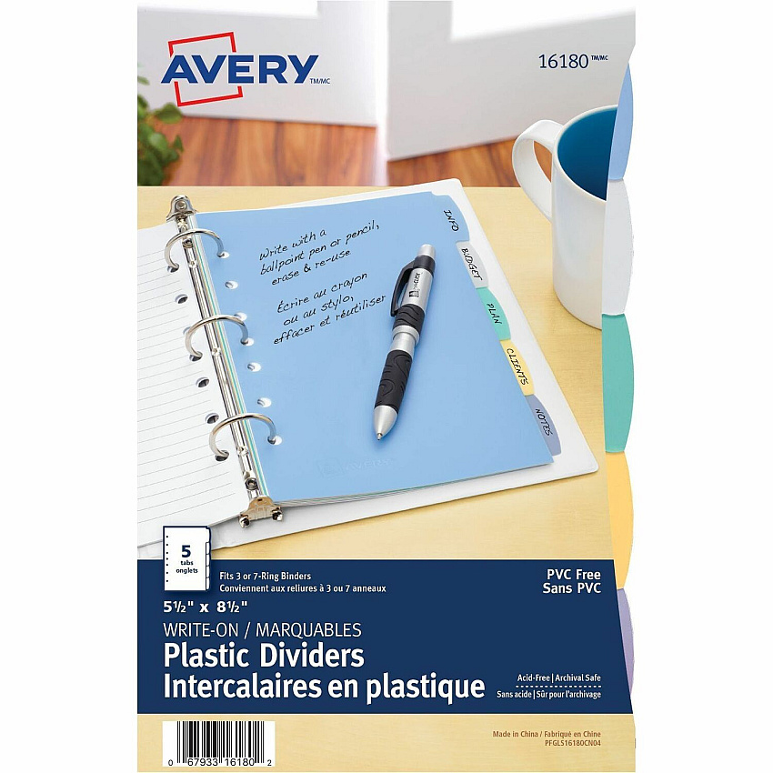 Avery Durable Plastic Write-On Dividers 5½" x 8½" , 5 tabs" 5½" x 8½" , 5 tabs (AVE16180)