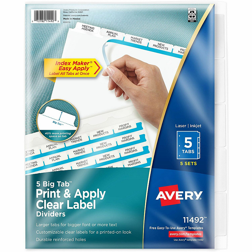 Avery(R) 5 Big Tab Dividers for 3 Ring Binder, Easy Print & Apply Clear Label Strip, Index Maker(R) Customizable White Tabs, 5 Sets (AVE11492)