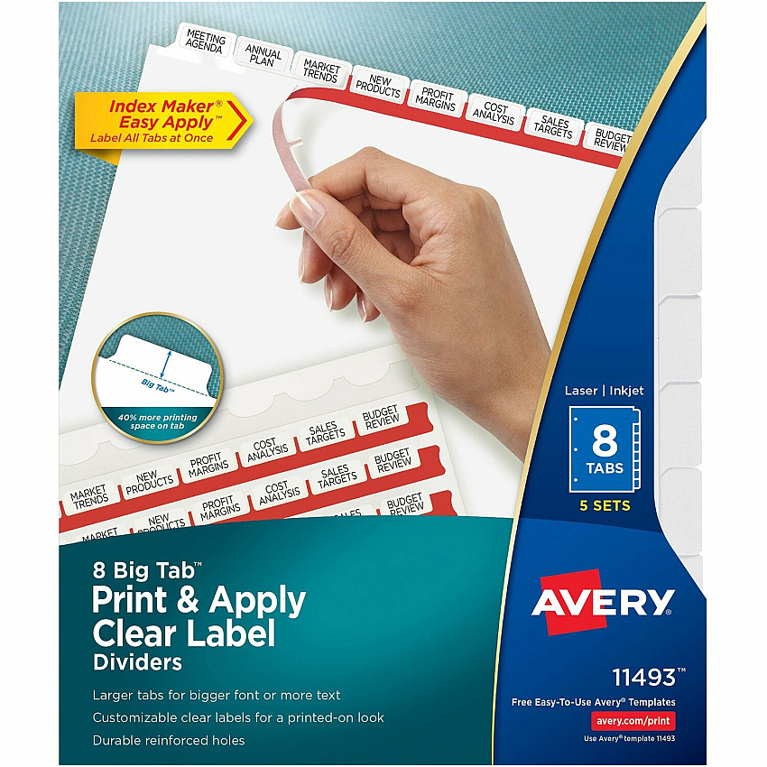 Avery(R) 8 Big Tab Dividers for 3 Ring Binder, Easy Print & Apply Clear Label Strip, Index Maker(R) Customizable White Tabs, 5 Sets (AVE11493)