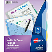 Avery Write & Erase Durable Plastic Dividers w/Pockets, 5-tab, Multicolor (AVE16176)