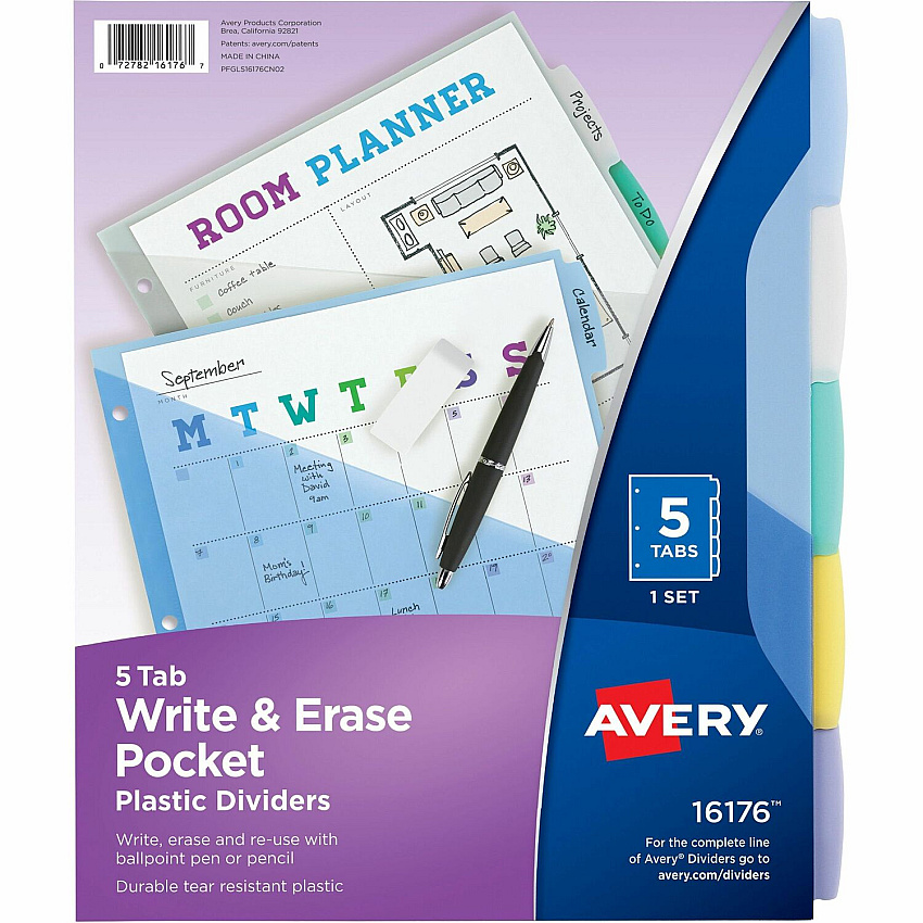 Avery Write & Erase Durable Plastic Dividers w/Pockets, 5-tab, Multicolor (AVE16176)
