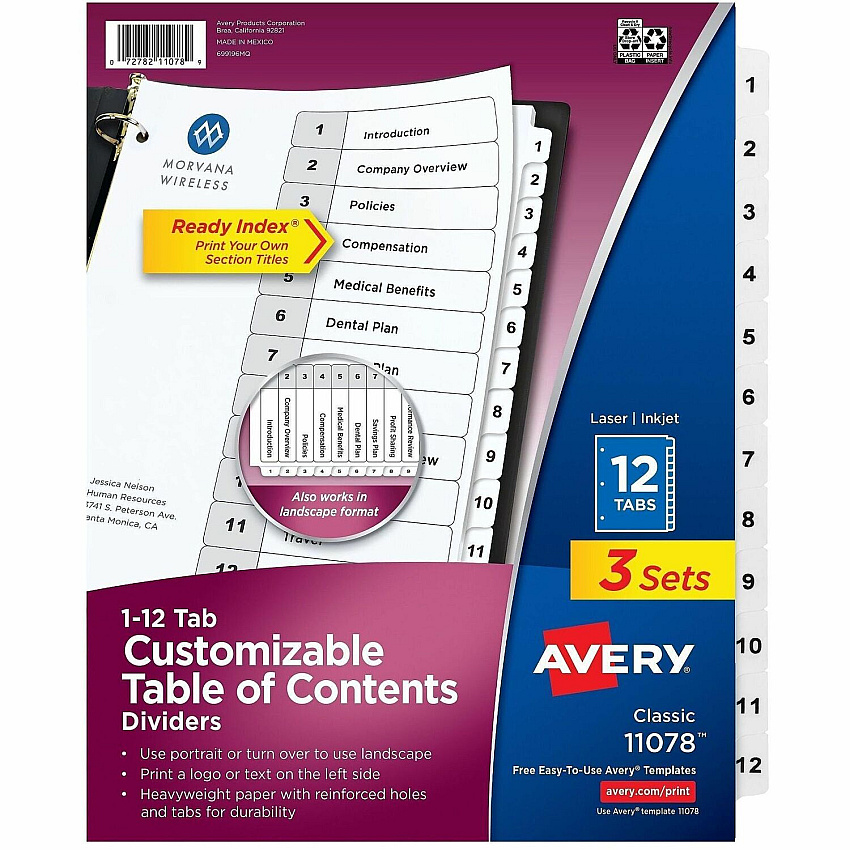 Avery Dividers, 12 Tabs, Ready Index (3 Sets of 11078)
