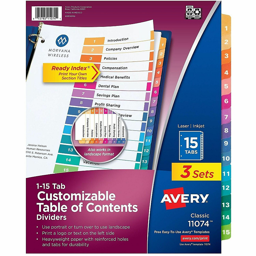 Avery Dividers, 15 Tabs, Ready Index, (3 Sets of 11074)