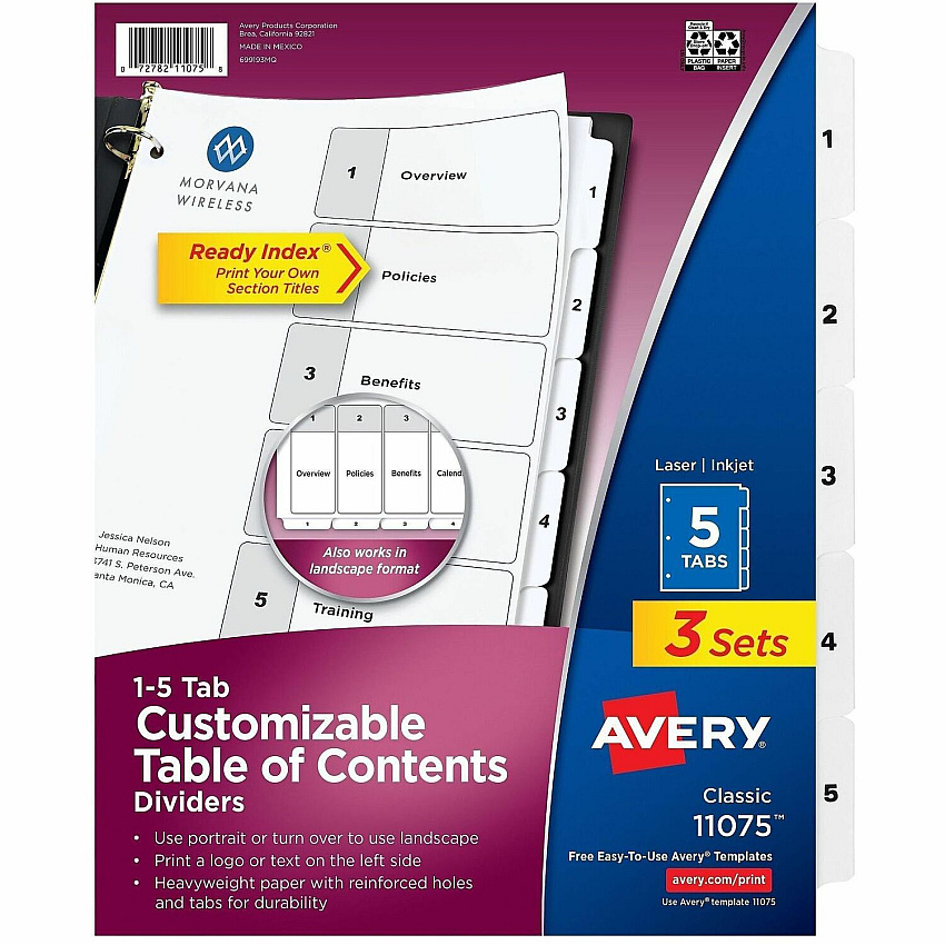Avery Dividers, 5 Tabs, Ready Index (3 Sets of 11075)