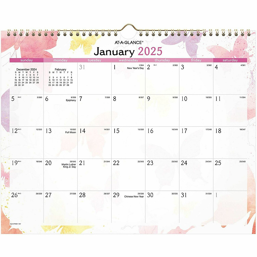 AT-A-GLANCE Watercolors Recycled Monthly Wall Calendar, Butterflies Artwork, 15 x 12, White/Multicolor Sheets, 12-Month (Jan-Dec): 2025 (PM91707)