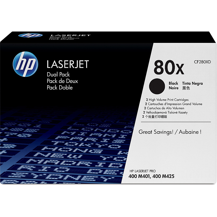 HP 80X (HEWCF280XD) Original High Yield Laser Toner Cartridge - Dual Pack - Black - 2 / Carton