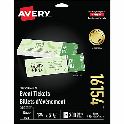 Avery Event Tickets with Tear-Away Stubs for Laser and Inkjet Printers, 1¾" x 5½" (AVE16154)
