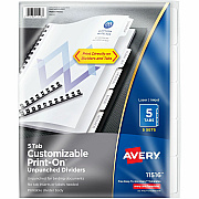 Avery(R) Unpunched Customizable Print-On(TM) Dividers for Use with Custom Binding Systems or 3 Ring Binders, 5-Tab Set, 5 Sets (AVE11516)
