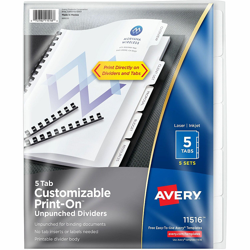 Avery(R) Unpunched Customizable Print-On(TM) Dividers for Use with Custom Binding Systems or 3 Ring Binders, 5-Tab Set, 5 Sets (AVE11516)
