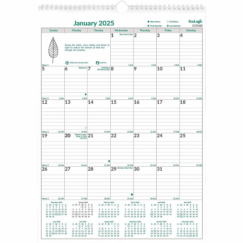 Brownline EcoLogix Monthly Wall Calendar, Twin-Wire Binding, 100% Recycled (C171103)