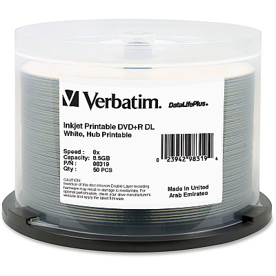 Verbatim DataLifePlus DVD Recordable Media - DVD+R DL - 8x - 8.50 GB - 50 Pack Spindle - White (98319)