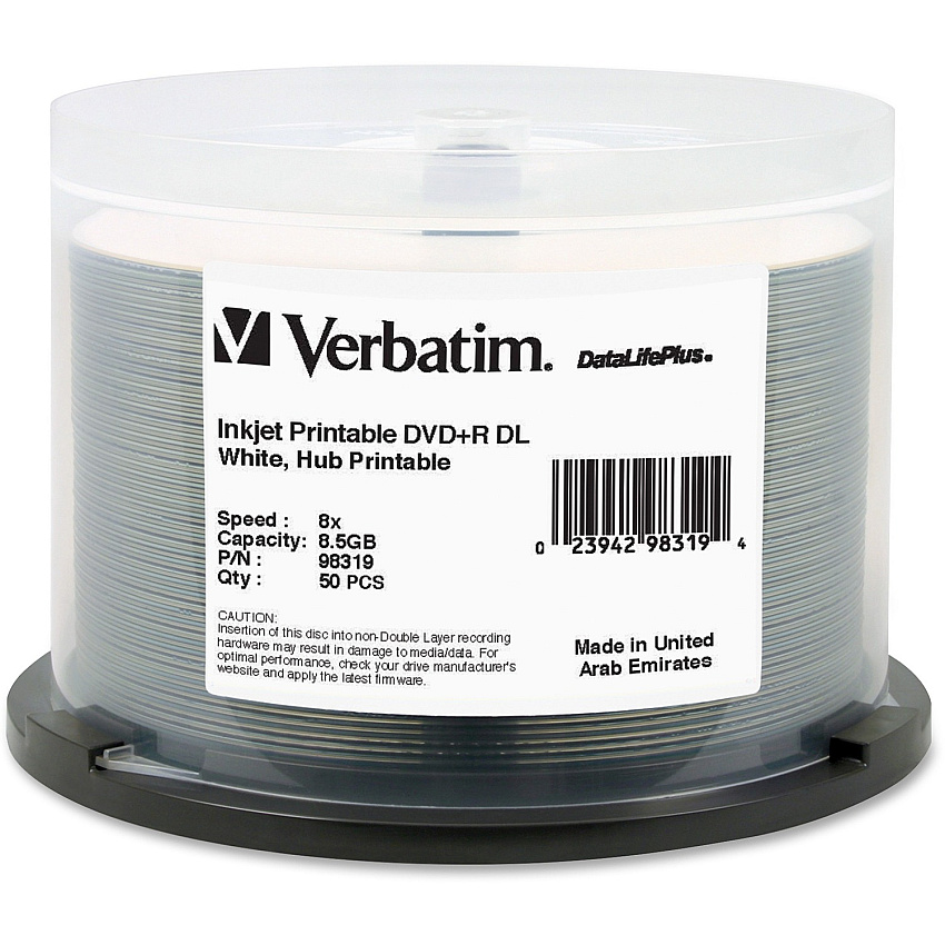 Verbatim DataLifePlus DVD Recordable Media - DVD+R DL - 8x - 8.50 GB - 50 Pack Spindle - White (98319)