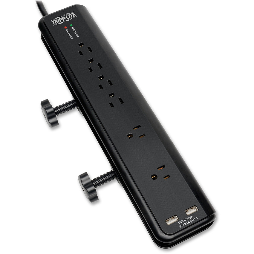 Tripp Lite Protect It! 6-Outlet Clamp-Mount Surge Protector, 6 ft. (1.83 m) Cord, 2100 Joules, 2 x USB Charging ports (2.1A total) (TLP606DMUSB)