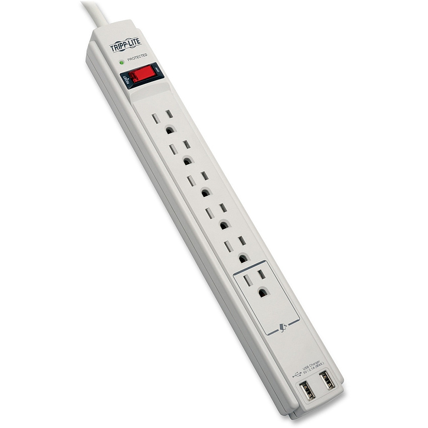 Tripp Lite Protect It! 6-Outlet Surge Protector, 6 ft. (1.83 m) Cord, 990 Joules, 2 x USB Charging ports (2.1A), Gray Housing (TLP606USB)