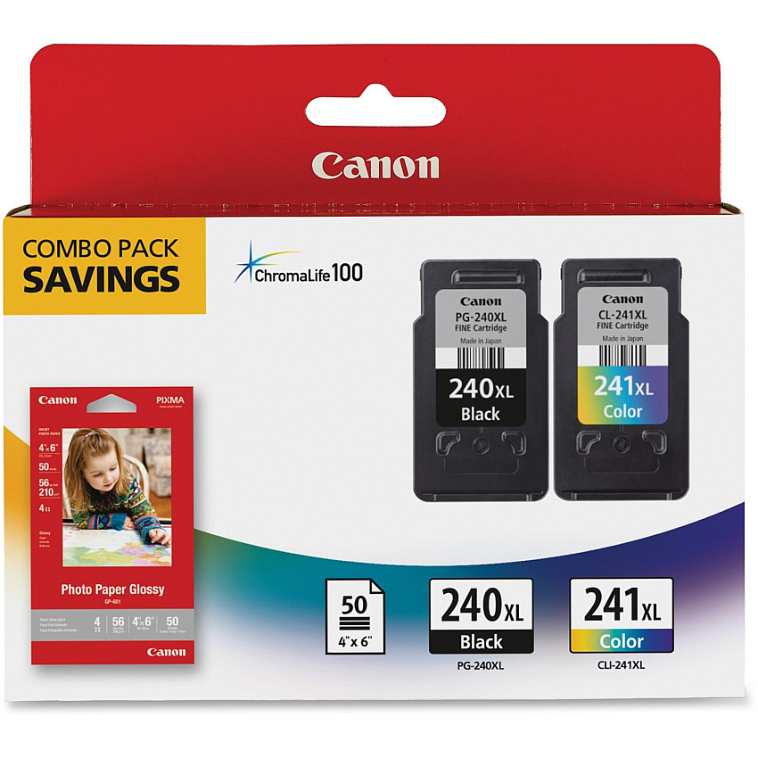 Canon PG-240XL/CL-241XL/GP-502 Original High Yield Inkjet Ink Cartridge/Paper Kit - Combo Pack - Black, Tri-color - 2 / Pack (CNM240XCL241XL)