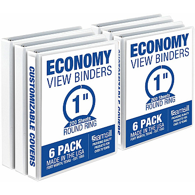 Samsill Economy 1 Inch 3 Ring Binder, Made in the USA, Round Ring Binder, Non-Stick Customizable Cover, White, 6 Pack (SAMI08537)