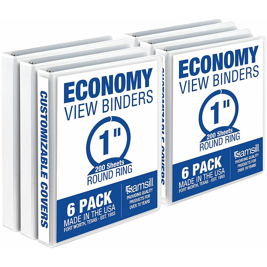 Samsill Economy 1 Inch 3 Ring Binder, Made in the USA, Round Ring Binder, Non-Stick Customizable Cover, White, 6 Pack (SAMI08537)