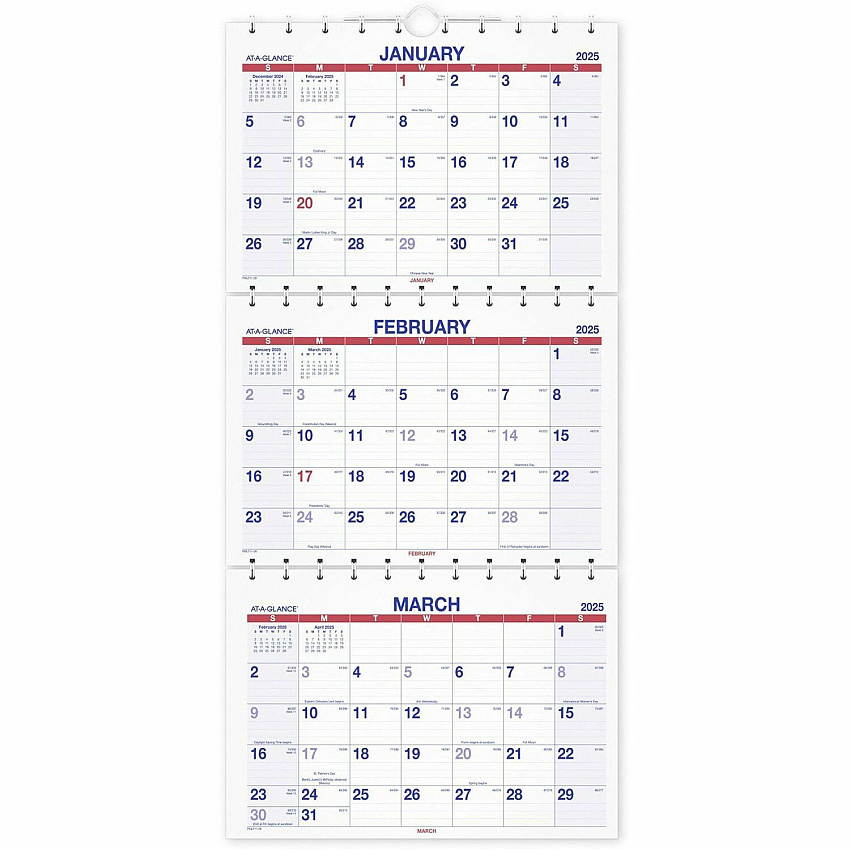 AT-A-GLANCE Move-A-Page Three-Month Wall Calendar, 12 x 27, White/Red/Blue Sheets, 15-Month: Dec 2025 to Feb 2027 (PMLF1128)