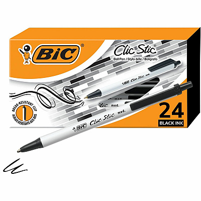 BIC Clic Stic Fashion Retractable Ball Point Pen, Black, 24 Pack (BICCSM241BLK)