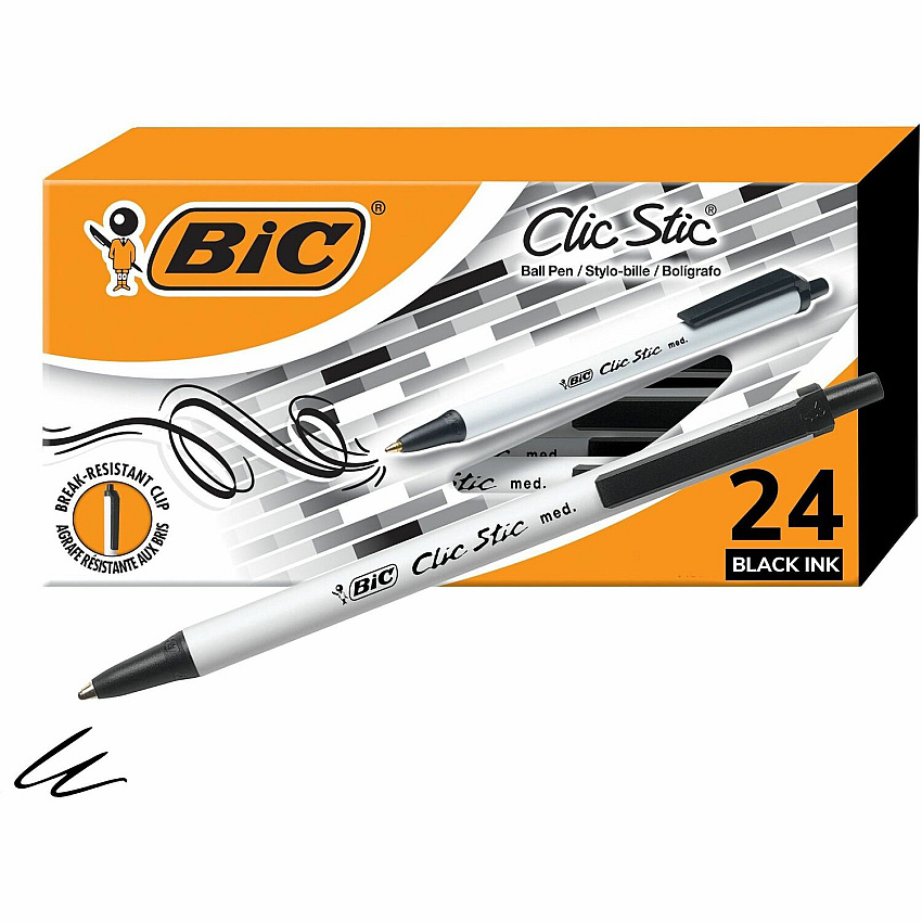 BIC Clic Stic Fashion Retractable Ball Point Pen, Black, 24 Pack (BICCSM241BLK)