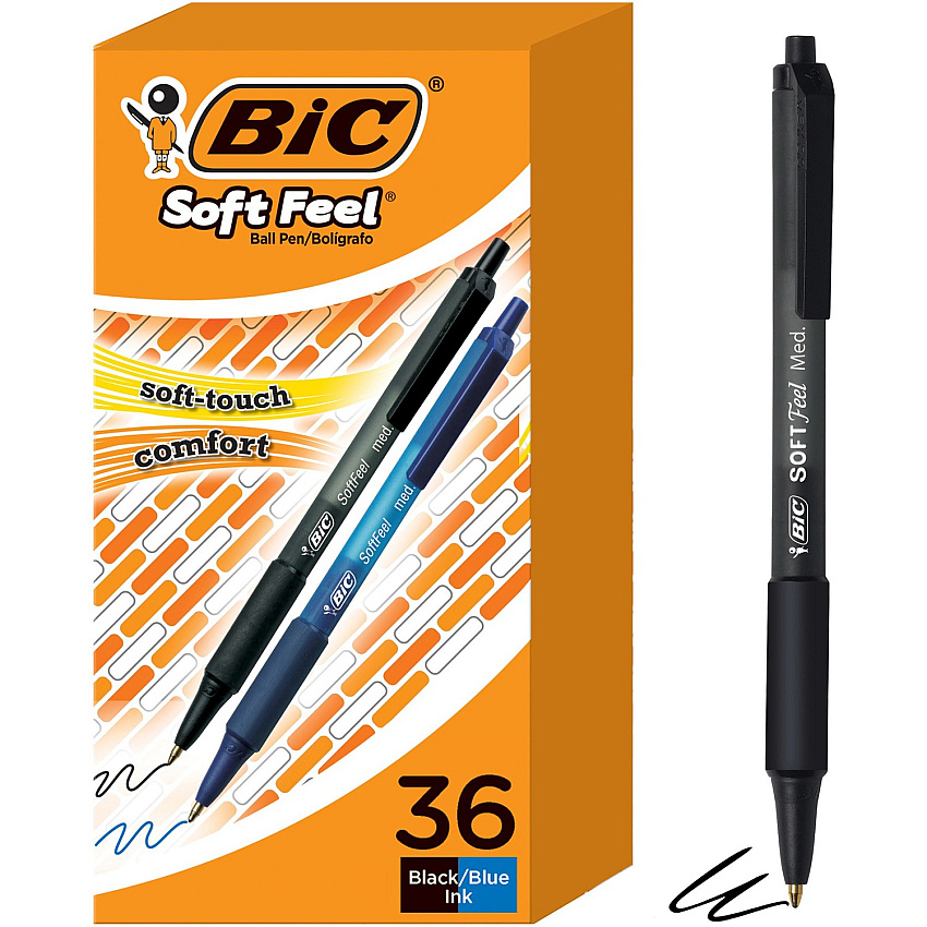 BIC Soft Feel Retractable Ball Point Pen Medium, Assorted, 36 Pack (BICSCSM361AST)