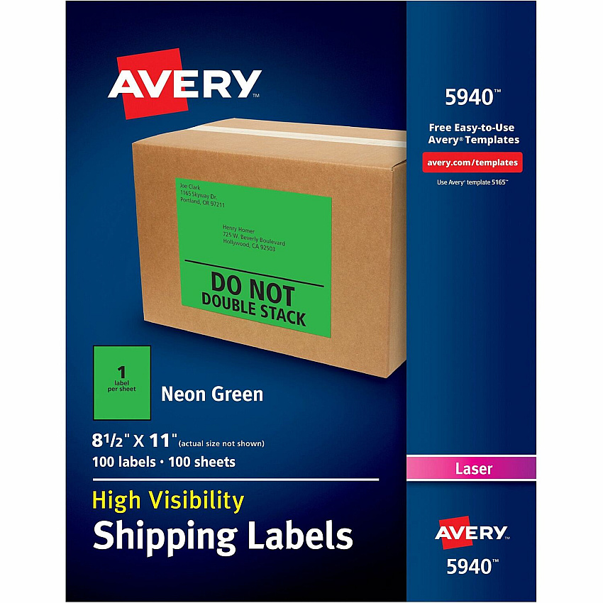 Avery Neon Shipping Labels, 8-1/2" x 11" , 100 Labels (AVE5940)