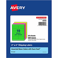 Avery 2"x 4" Neon Shipping Labels with Sure Feed, 500 Labels (AVE5956)